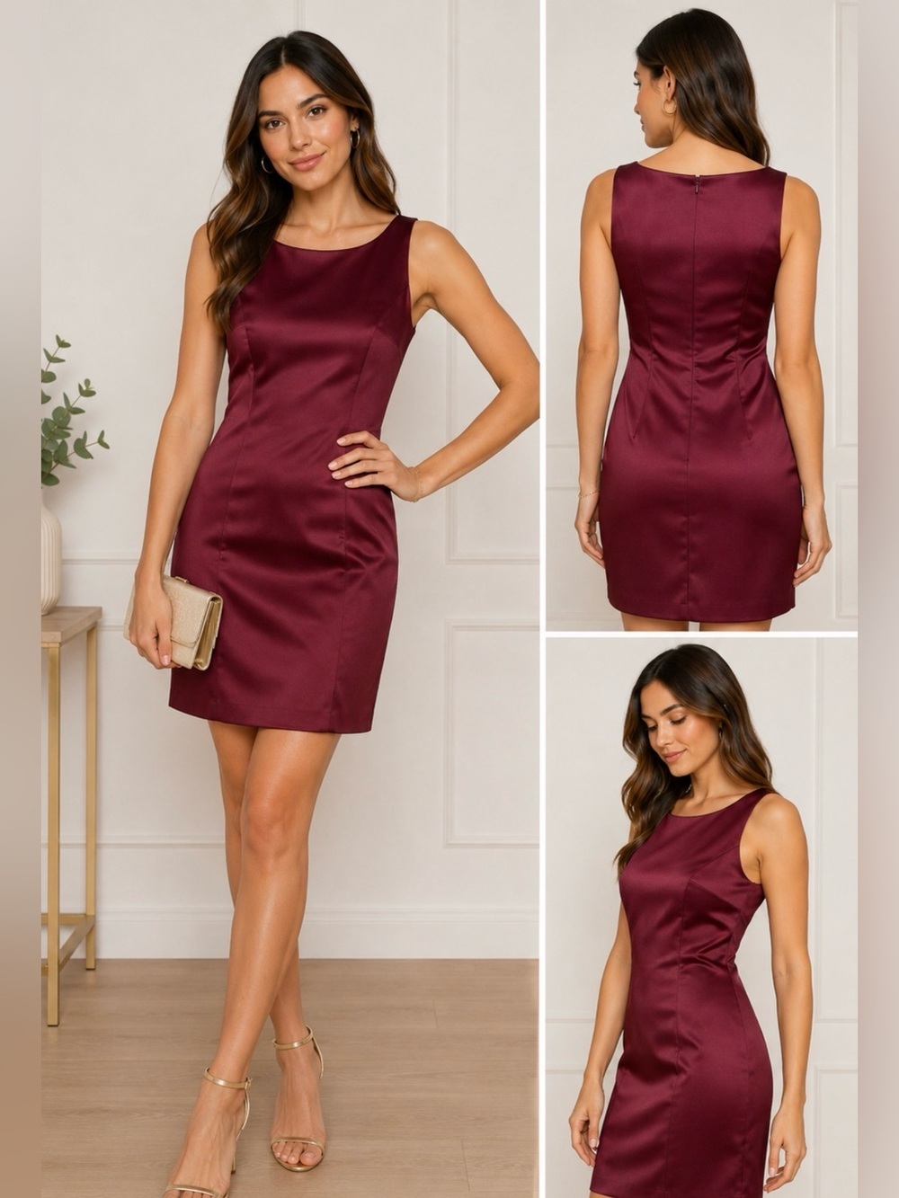David’s Bridal Burgundy Satin Sheath Cocktail Dress Size 2 Sleeveless